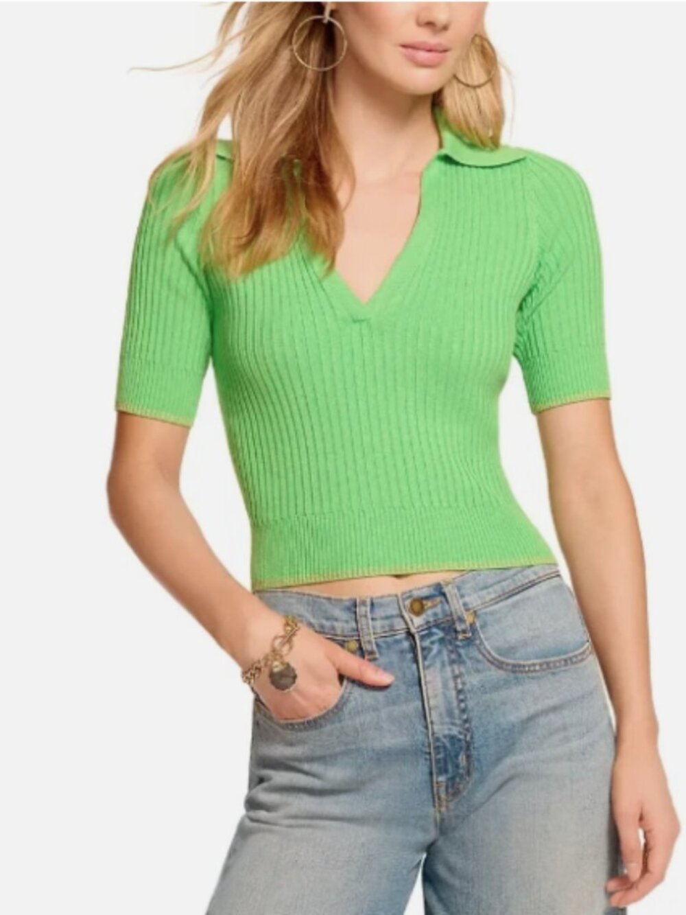 RAMY BROOK Kelly Ribbed Short Sleeve Sweater In Tropic Green Size L-MSRP$295